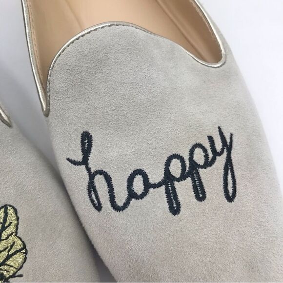 C Wonder Creamy Taupe Suede Leather Be Happy Embroidered Ballet Slipper Flats - Picture 12 of 16